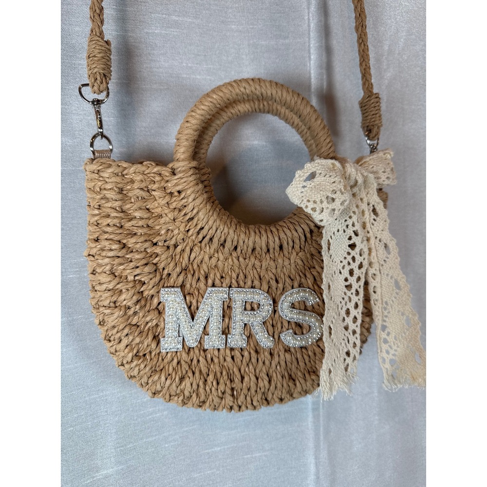 Woven Straw Mrs. Wedding Bridal Party Bag‎ Crossbody Purse with Bow